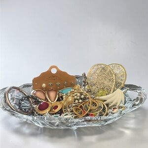 Mixed Vintage Modern Jewelry Lot Earrings Rings Pendants w Glass Dish